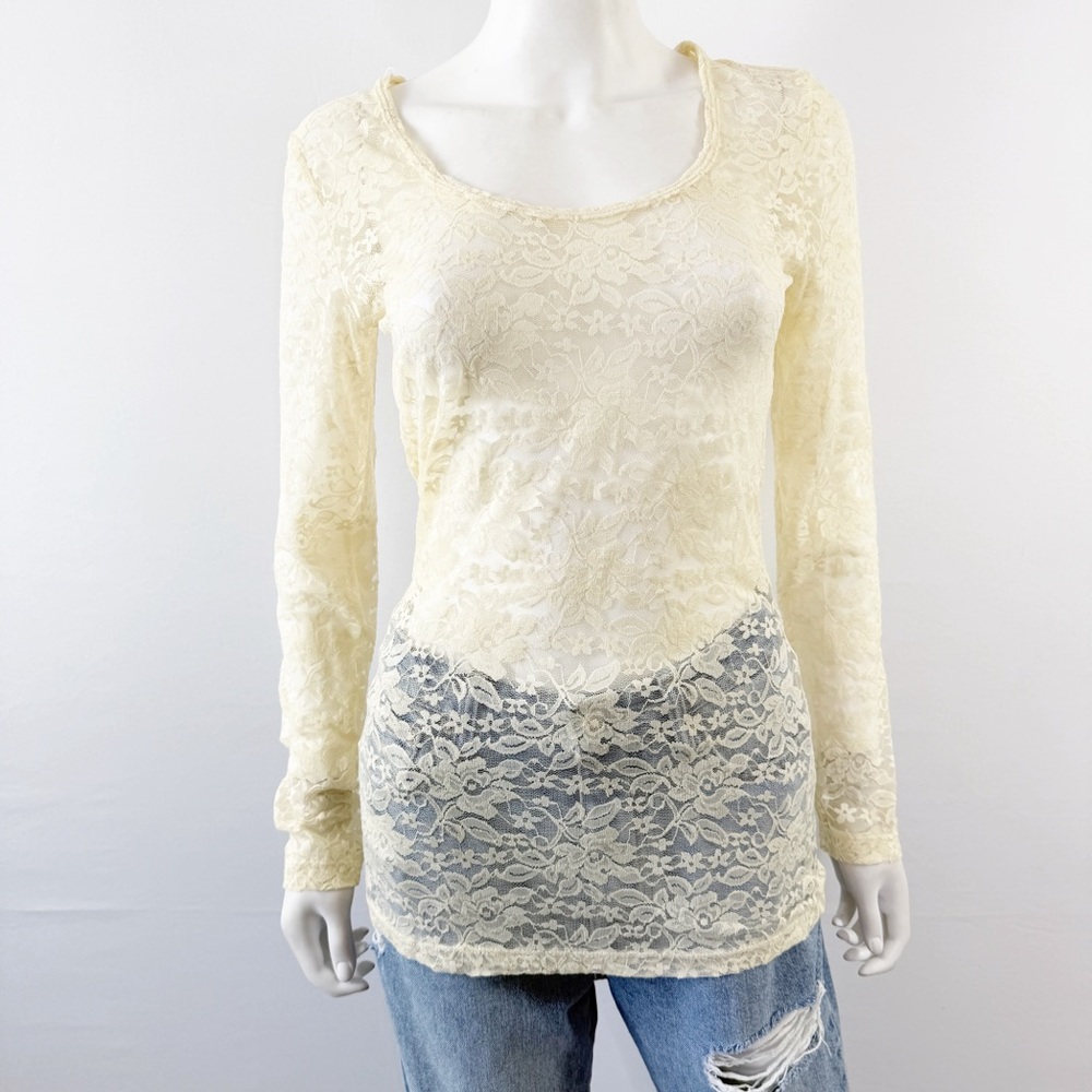 Fleur Elise Ivory Sheer Lace Top Size M Long Sleeve Scoop Neck Boho Coquette